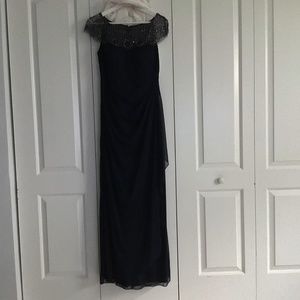 Xscape Beaded Cap Sleeve Illusion Round Neck Ruched Cascade Ruffle Side Gown